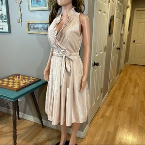 Blush pink sheen ruffle tie belt dress